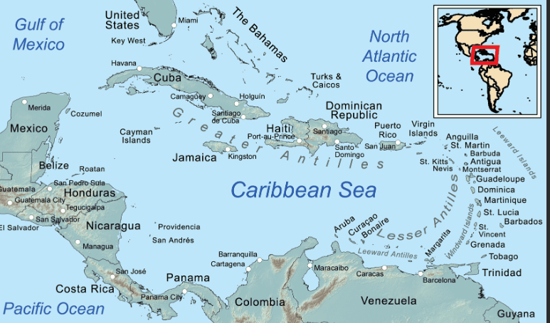 Caribbean region service area map showing islands and countries